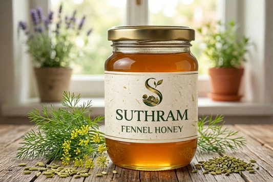 Suthram Fennel Honey jar with fresh fennel flowers and seeds